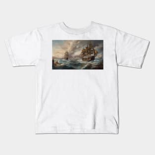 Naval Battle Between Pirate Sailing Ships, Caribbean Seascape #1 Kids T-Shirt